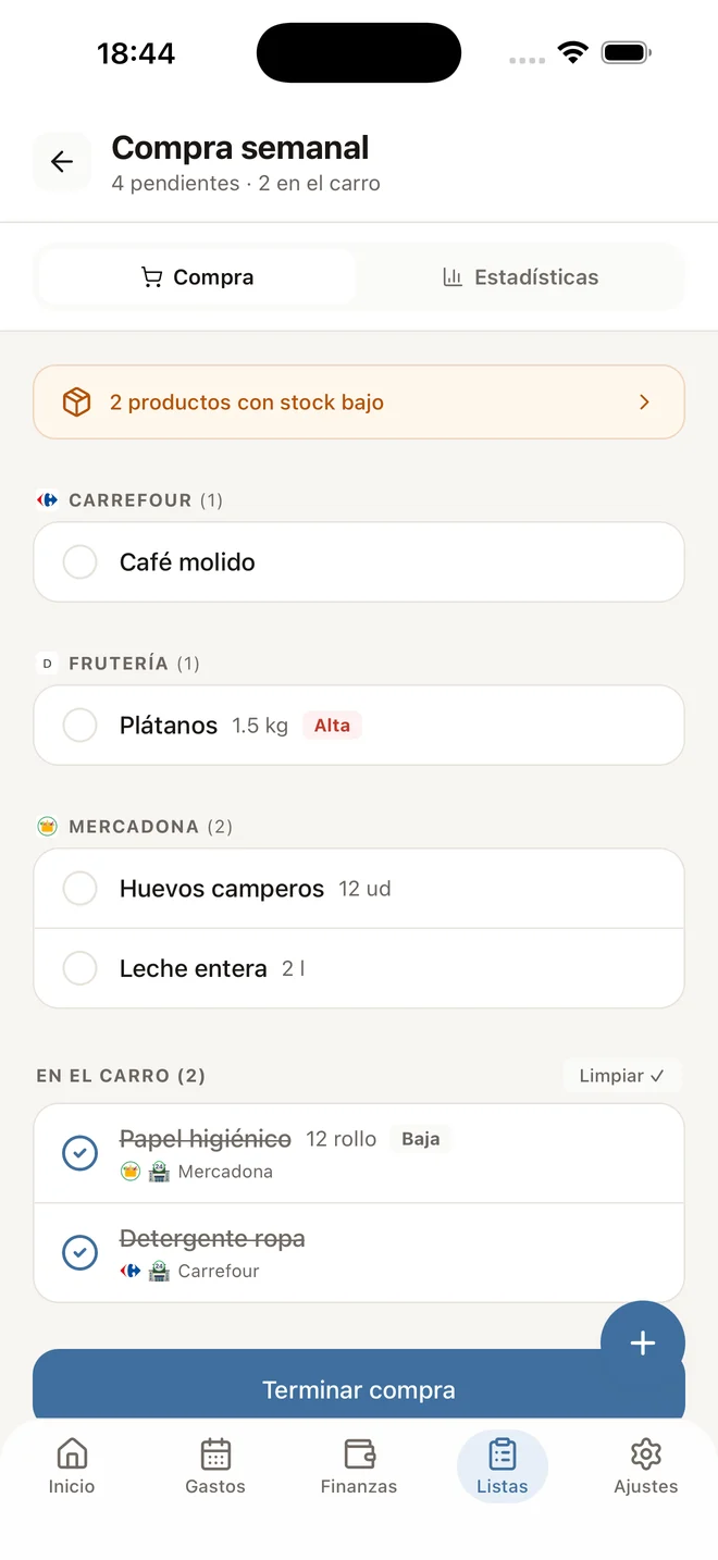 Lista de la compra de MyHomie con productos, cantidades y precios
