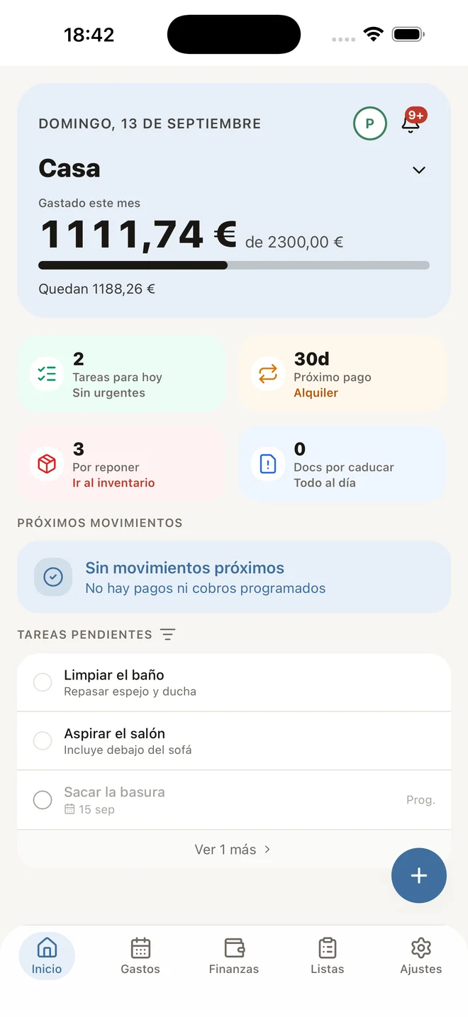 Pantalla de inicio de MyHomie: presupuesto del hogar, próximas tareas e inventario
